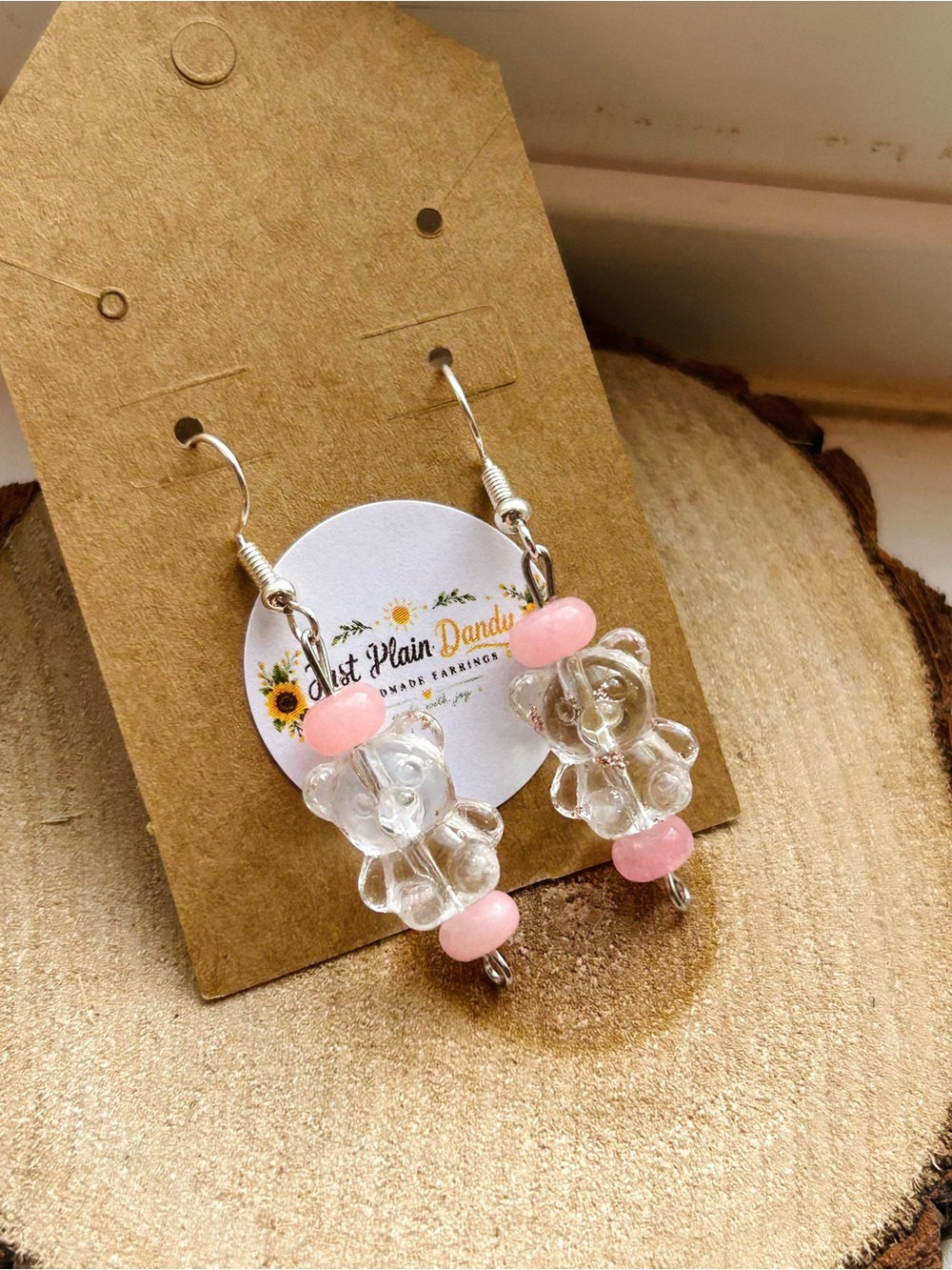 Teddy Bear Dangle Earrings Clear Pink Beaded Handmade Bear Earrings